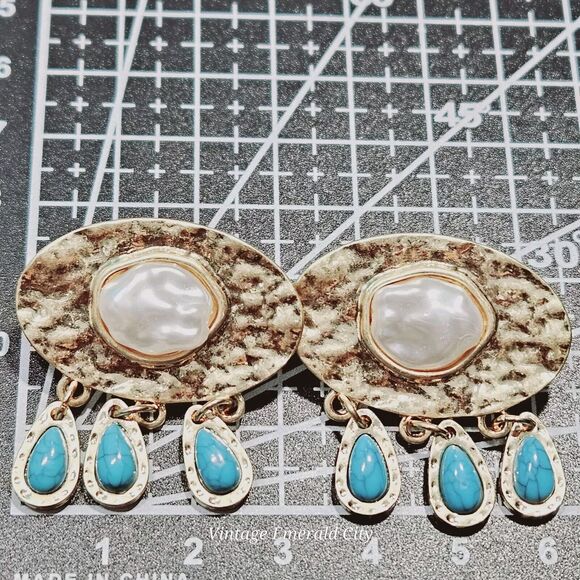 Rainy Cloud Faux Freshwater White Pearl W Blue Turquoise Rain Drops Gold Dangle - Picture 6 of 8